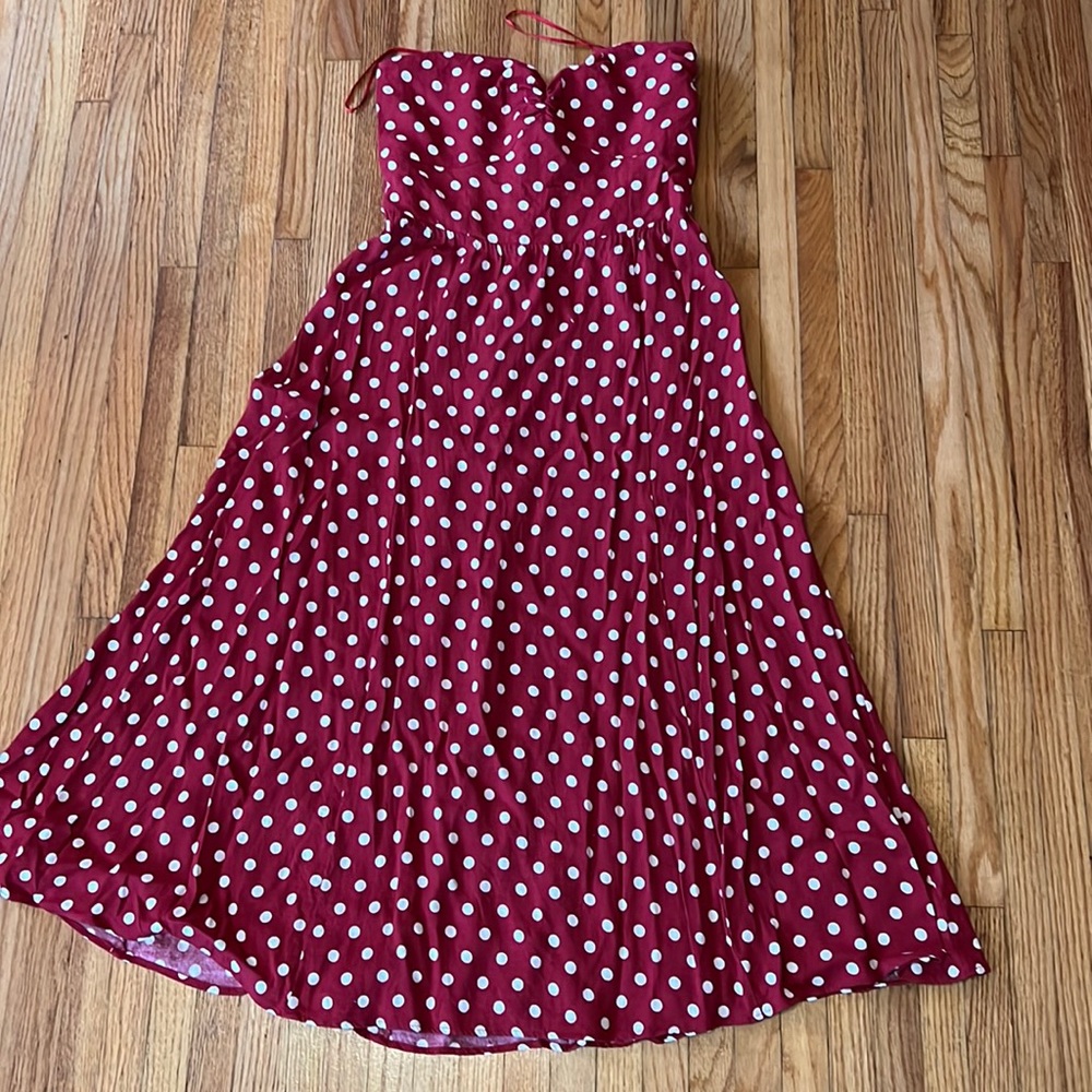 Reformation Rockabilly Red with White Polka Dot Strapless Dress.